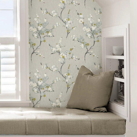 Gray Floral Peel And Stick Wallpaper Removable For Walls, Self Adhesive Home Decor with Eastern pattern in a cozy nook with cushions.
