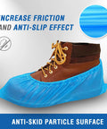 Disposable Shoe And Boot Covers XL Set on brown boot, highlighting waterproof, slip-resistant CPE material.