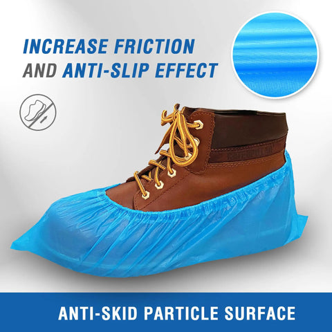 Disposable Shoe And Boot Covers XL Set on brown boot, highlighting waterproof, slip-resistant CPE material.