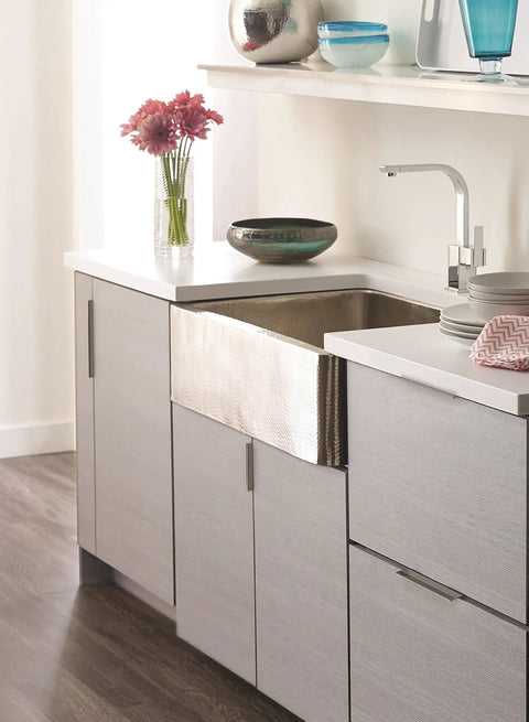 Polished Chrome Edge Pull Cabinet Handle For Flat Panel Cabinets 3 Inch Center To Center 76 mm Contemporary Drawer Pull installed in modern kitchen.