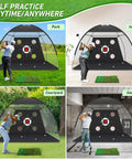 10x7 Foot Golf Net With Practice Mat Hitting Aid For Backyard Driving Chipping And Swing Training Bullseye Target And Four Direction Pockets For Indoor Or Outdoor Use Easy Setup Great Gift For Men Dad Him in various locations, including park, indoor, courtyard, and garage settings with golfers practicing.