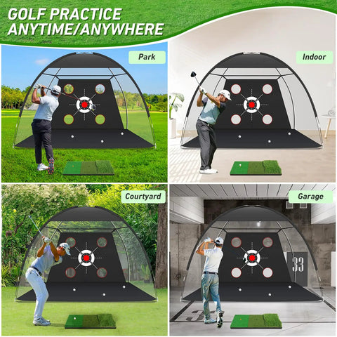 10x7 Foot Golf Net With Practice Mat Hitting Aid For Backyard Driving Chipping And Swing Training Bullseye Target And Four Direction Pockets For Indoor Or Outdoor Use Easy Setup Great Gift For Men Dad Him in various locations, including park, indoor, courtyard, and garage settings with golfers practicing.