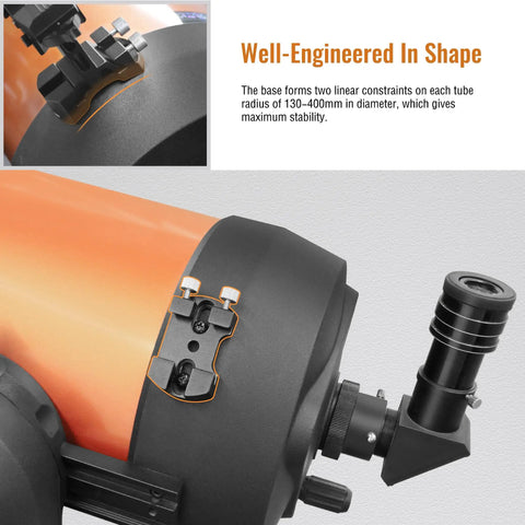 Universal Plug-and-Play Quick Release Finder Shoe Base for Telescope Finder Scope on orange telescope tube, secure mount visible.