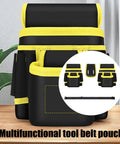 Heavy Duty Oxford Nylon Utility Belt Bag With Water Resistant Coating And Reinforced Stitching Built Tough For Electricians Handymen And Real World Job Sites, multifunctional tool belt pouch with yellow accents.
