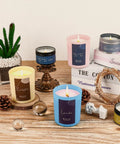 Colorful candles displayed with a frame, pine cones, and plant, showcasing a Beginner Friendly DIY Soy Candle Making Kit With Melting Pot.