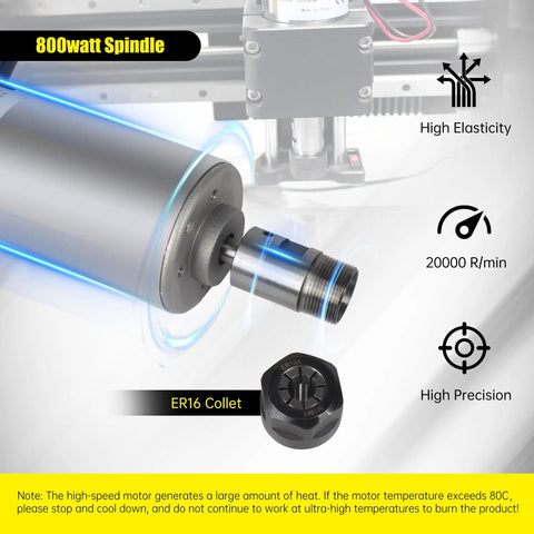 Close-up of 800W 110V CNC Spindle Motor Air Cooled 52mm ER16, 20000 RPM, 0.79 Nm Torque, with collet and features highlighted