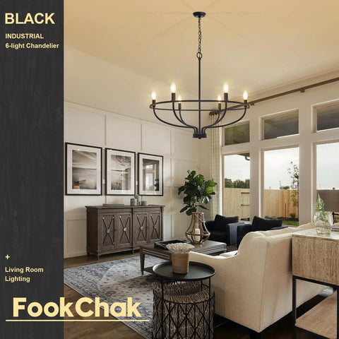 Living room with Dope Black 6 Light Farmhouse Chandelier For Dining Room Kitchen Island Living Room Entryway Foyer Industrial Metal Candle Hanging Lighting With E12 Sockets