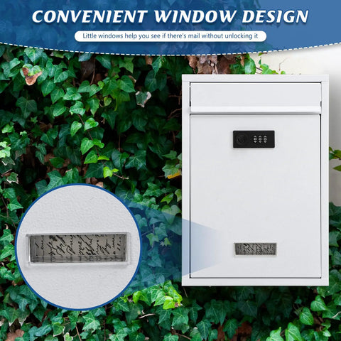 Outdoor Wall Mount Mailbox With 3 Digit Combination Lock, Weatherproof Drop Box For Mail, Donations, Ballots Or Suggestions, No Nonsense Security For Home Office Or School, White 12.4H By 8.54L By 3.35W