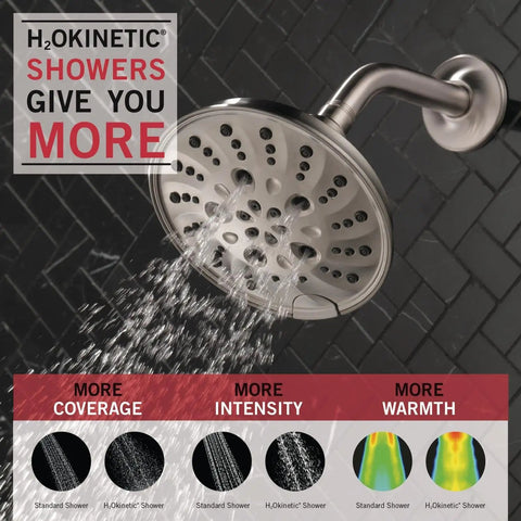 H2Okinetic Rain Shower Head With Five Settings In Stainless Finish spraying water, showing touch clean nozzles on black tile wall