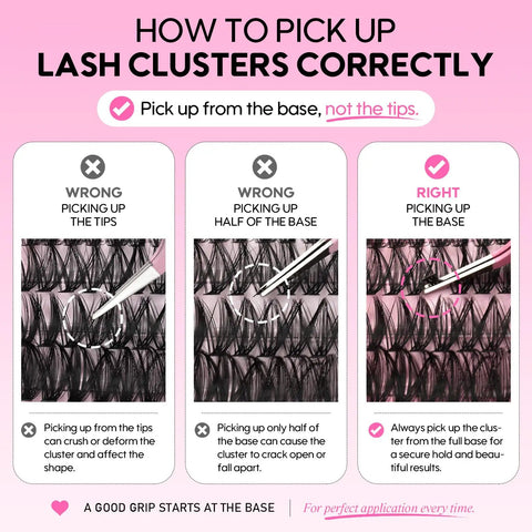 Instructions for picking up lash clusters from the DIY Lash Extensions Kit With 240Pcs 30D And 40D Lash Clusters.