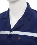 Mens Workshop Coat Long Sleeve Wear Resistant Lab Jacket Uniform Navy Blue Large Durable Workwear For Mechanics And Builders With Front Button Closure Pen Pocket Chest And Two Large Patch Pockets, navy collar detail