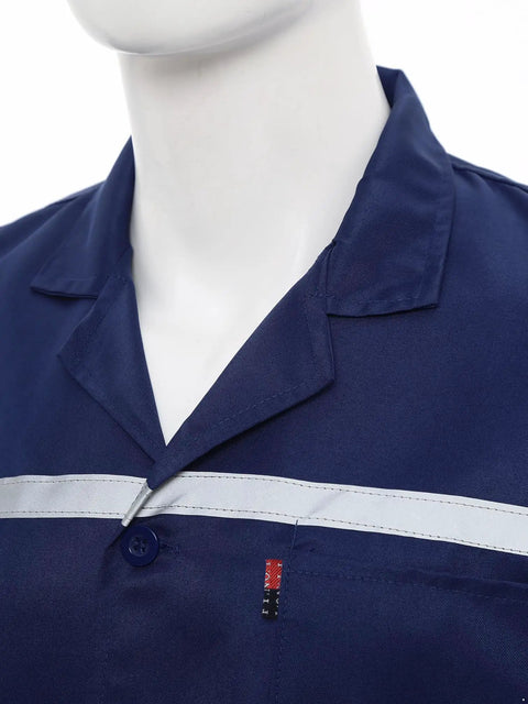 Mens Workshop Coat Long Sleeve Wear Resistant Lab Jacket Uniform Navy Blue Large Durable Workwear For Mechanics And Builders With Front Button Closure Pen Pocket Chest And Two Large Patch Pockets, navy collar detail