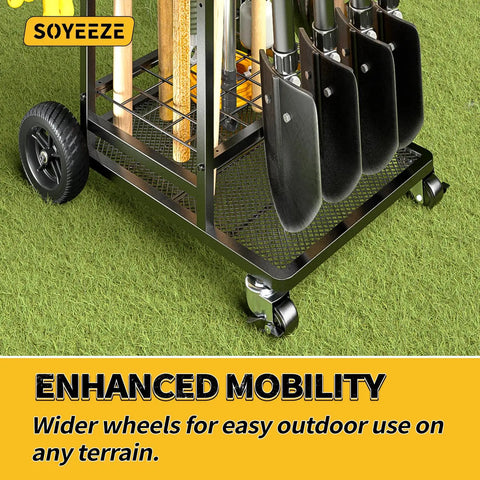 Close-up of a Heavy Duty 3 Tier Garden Tool Organizer With Large Wheels Yard Tower Rack For Garage holding shovels on grass