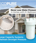 Heavy Duty Universal Large Capacity Whole House Water Filter Housing NSF Certified next to a house with a showerhead inset