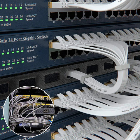 Cat7 Ethernet Cable 15 Ft Flat Patch Cord with shielded STP RJ45 connectors in server setup, 10 Gbps networking, 600 MHz bandwidth