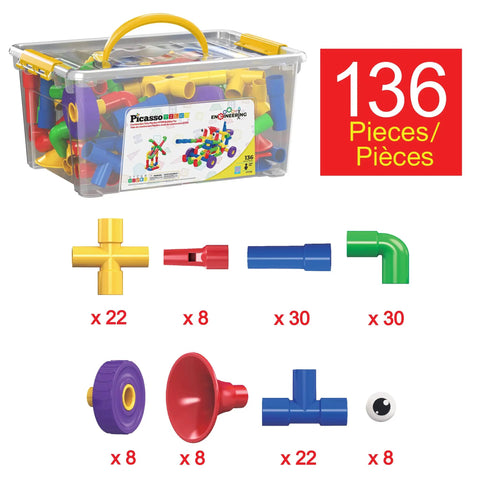 136-Piece Tubular Pipes And Spout STEAM Interlocking Building Block Set in storage box with colorful tube and spout pieces visible.