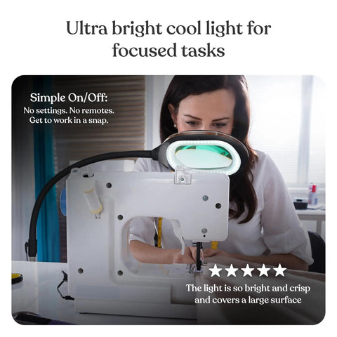 Woman using sewing machine with LightView Pro Magnifying LED Desk Lamp With Flexible Gooseneck And 3 In 1 Magnifier overhead