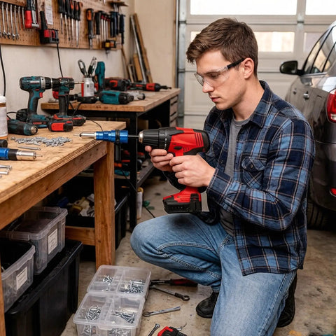 Man using Attachment Kit For Drill With High Torque Pop Rivet Head in garage setting for metal fastening.