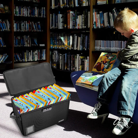 2 Pack Comic Book Storage Box With Lock And Label Window Fireproof And Water Resistant Moistureproof Short Box in library setting