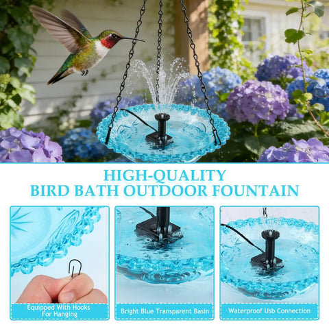 USB Powered Cascade Hanging Bird Bath Fountain for Outdoor Gardens Lawns Patios Eaves And Courtyards displayed in garden