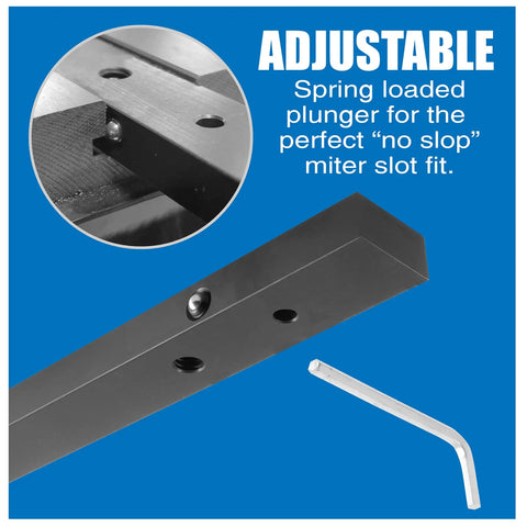Heavy Duty 19 Inch Aluminum Miter Bar Table Saw Runner With Zero Wiggle For Standard 3/4 X 3/8 Slots showing adjustable spring loaded plunger.