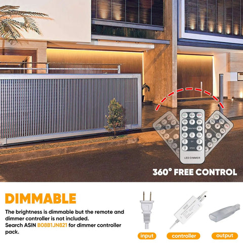 82Ft Dimmable LED Rope Lights With Double Row Lit Warm White 3000K Cold Weather Ready Outdoor IP65 Waterproof 110V 120V AC