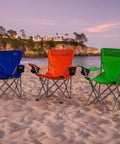 Three Anytime Chair For Camping And Outdoors, Foldable And Portable Outdoor Folding Chairs with carry bags on a beach, blue, orange, and green.