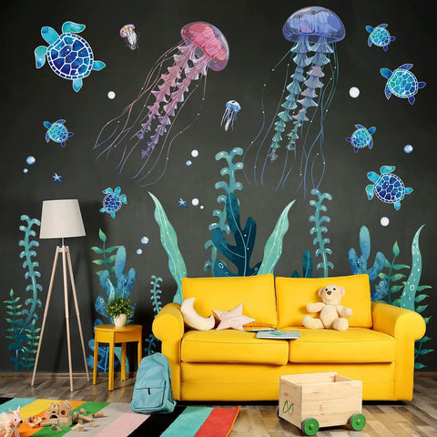 Three Sheets Ocean Wall Decals Set With Jellyfish And Sea Turtle Stickers Plus Ocean Seaweed Vinyl Wall Decor For Kids Nursery Bathroom Bedroom Removable Gift Idea