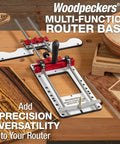 Solid Multi Function Router Base Built With Tough Three Eighth Inch Guide Rods For Dead On Edge Guidance shown on a work surface.