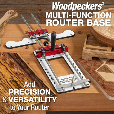 Solid Multi Function Router Base Built With Tough Three Eighth Inch Guide Rods For Dead On Edge Guidance shown on a work surface.