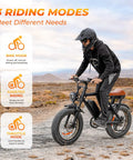 Beast 1500W Electric Fat Tire Bike For Adults With 33 MPH Top Speed 40 To 75 Mile Range 48V 15.6Ah Removable Battery 7 Speeds 3 Modes Full Suspension Dual Disc Brakes 20 Inch All Terrain Fat Tires UL 2849 Certified, rider on black fat tire bike in throttle mode