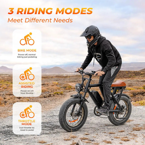 Beast 1500W Electric Fat Tire Bike For Adults With 33 MPH Top Speed 40 To 75 Mile Range 48V 15.6Ah Removable Battery 7 Speeds 3 Modes Full Suspension Dual Disc Brakes 20 Inch All Terrain Fat Tires UL 2849 Certified, rider on black fat tire bike in throttle mode