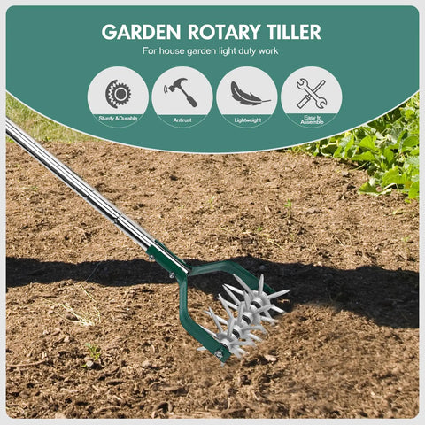 Compact Rotary Cultivator With Adjustable Stainless Steel Handle For Small Gardens Eight Tine Aluminum Head Loosens Soil