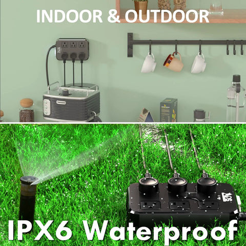 Weatherproof Outdoor Power Strip With Six Wide AC Outlets And Three USB Ports USB C And USB A Six Foot Extension Cord in use