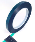 Green roll from 5 Roll High Temp Masking Tape Kit For Powder Coating Painting Hydrodip Sublimation Green Polyester Tape In One Quarter Three Eighths One Half Three Quarters And One Inch Heat Resistant To 400 Degrees Fahrenheit For 20 Minutes Cuts Cleanly With Razor with measuring ruler