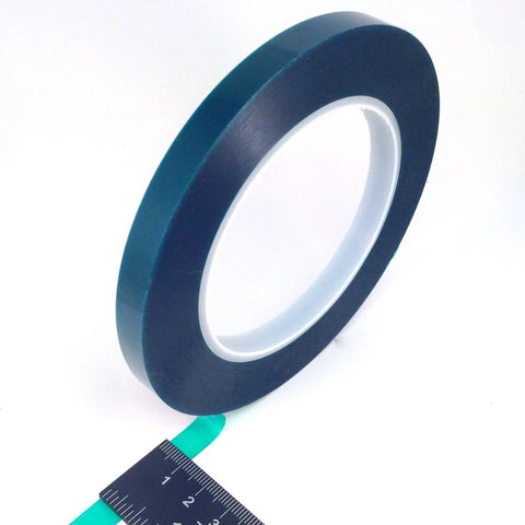 Green roll from 5 Roll High Temp Masking Tape Kit For Powder Coating Painting Hydrodip Sublimation Green Polyester Tape In One Quarter Three Eighths One Half Three Quarters And One Inch Heat Resistant To 400 Degrees Fahrenheit For 20 Minutes Cuts Cleanly With Razor with measuring ruler
