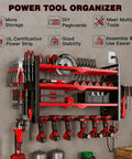 Power Tool Organizer Wall Mount With UL Certified 6 Outlet Charging Station 4 Layer 6 Slot Cordless Drill Holder And Angle Grinder Holder Red Heavy Duty Garage Workshop Storage installed on wall.