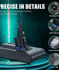 Upgraded 9000 Mah Rechargeable Battery Replacement For Dyson V8 Absolute Animal SV10 Vacuum Cleaners, showing charging port and LED indicator.