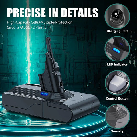 Upgraded 9000 Mah Rechargeable Battery Replacement For Dyson V8 Absolute Animal SV10 Vacuum Cleaners, showing charging port and LED indicator.
