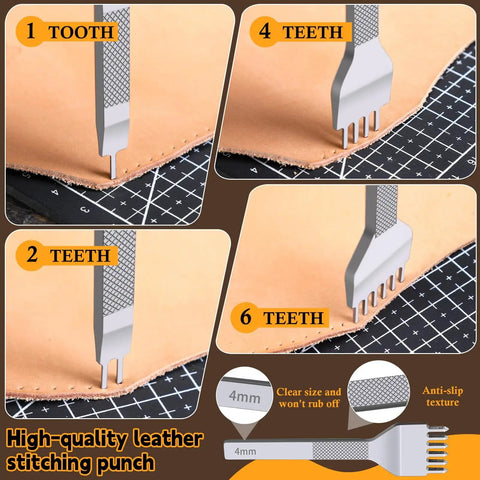 Leather Working Tools Kit With Cutting Knife Pro Grade Edge Burnisher 1 2 4 6 Stitching Punches Leather Compass Geometry Tool And Steel Ruler For Diy Leather Craft Projects showing various stitching punches.