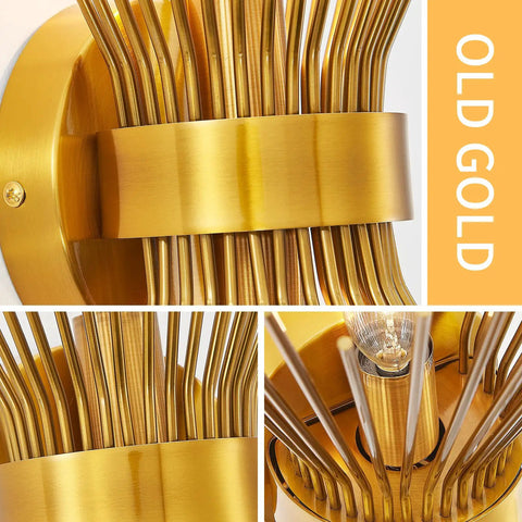 Close-up of Mid Century Modern Starburst Wall Sconce Gold Finish Vanity Light For Bathroom Powder Room Or Bedroom Wall Mounted Lamp 1 Pack Bulbs Not Included Easy Installation Included, showing intricate gold spikes and base details.