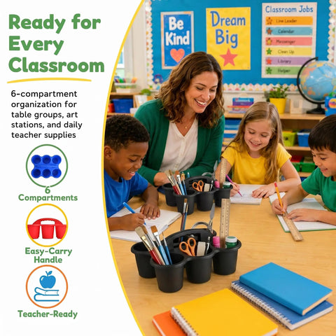 Six Pack Black Classroom Caddies With Handles For Desk Organization, 6 Compartment Supply Organizer used by students and teacher