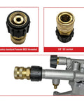 Brass 3/8 inch quick-connect socket with female M22 thread; installed on a pressure washer fitting