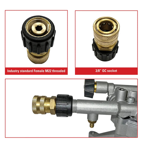 Brass 3/8 inch quick-connect socket with female M22 thread; installed on a pressure washer fitting