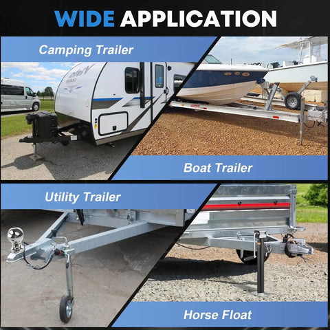 Rock Solid Heavy Duty Stainless Steel Trailer Jack Drill Adapter For One Inch Drive Shafts Fits Rvs Campers Boats And Dump Trailers With Half Inch Socket No Sweat Setup Kit shown on various trailers.