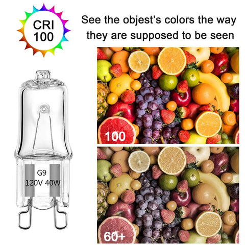 CR 100 comparison of G9 Bulb 12 Pack Bi Pin 120V 40W Halogen Light Bulbs JC Type next to fruit images
