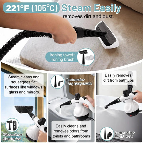 Akpiian Handheld Steam Cleaner For Home Deep Cleaning With 10 Bonus Accessories features a user cleaning a surface at 221°F.