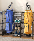 Golf Bag Storage Organizer For Home And Garage That Keeps Your Gear Snug In One Spot, Holds 2 Standard Golf Bags, Side Club Rack, 3 Removable Shelves, 3 Hooks, And Plenty Of Room For Accessories, Tees, Balls, And More with blue and yellow bags