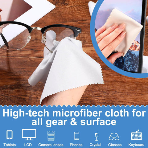 Gentle Microfiber Cleaning Cloths For Glasses And Electronics Pack Of 50 Pcs shown wiping glasses and tablet screen.