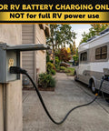 Rugged 15 To 30 Amp Rv Power Adapter Nema 5-15P To Tt-30R Plug In Converter For Home Outlet And Travel Trailer Black connected to RV.